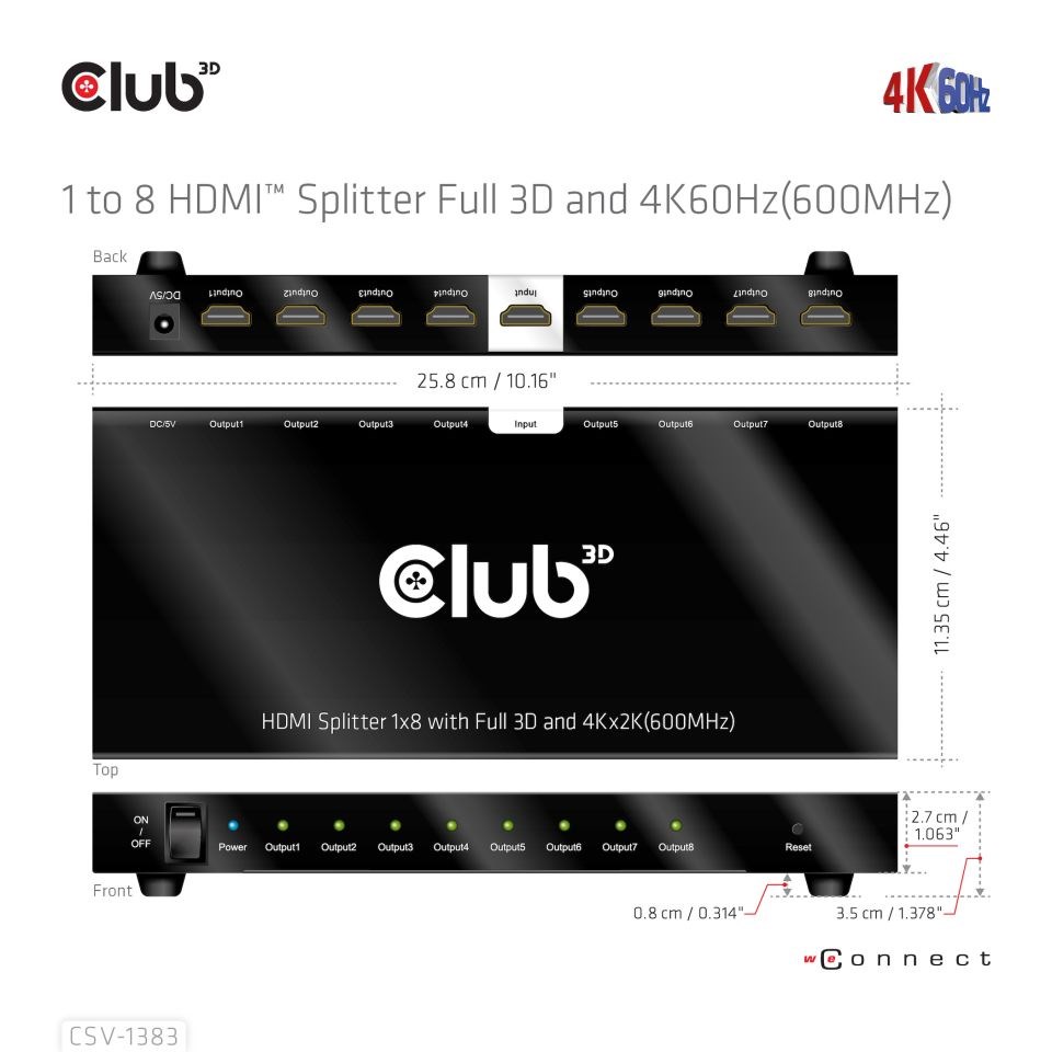 Club3D Video rozbočovač 1:4 HDMI 2.0 4K120Hz,  4 porty,  černá3 