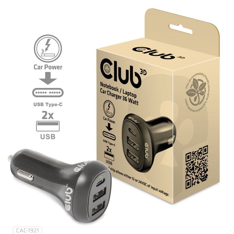 Club3D Auto nabíječka pro Notebooky 36W,  3 porty (2xUSB-A + USB-C)