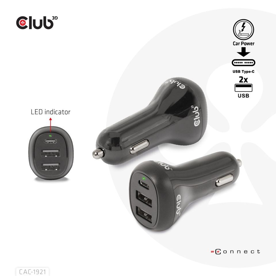 Club3D Auto nabíječka pro Notebooky 36W,  3 porty (2xUSB-A + USB-C)3 