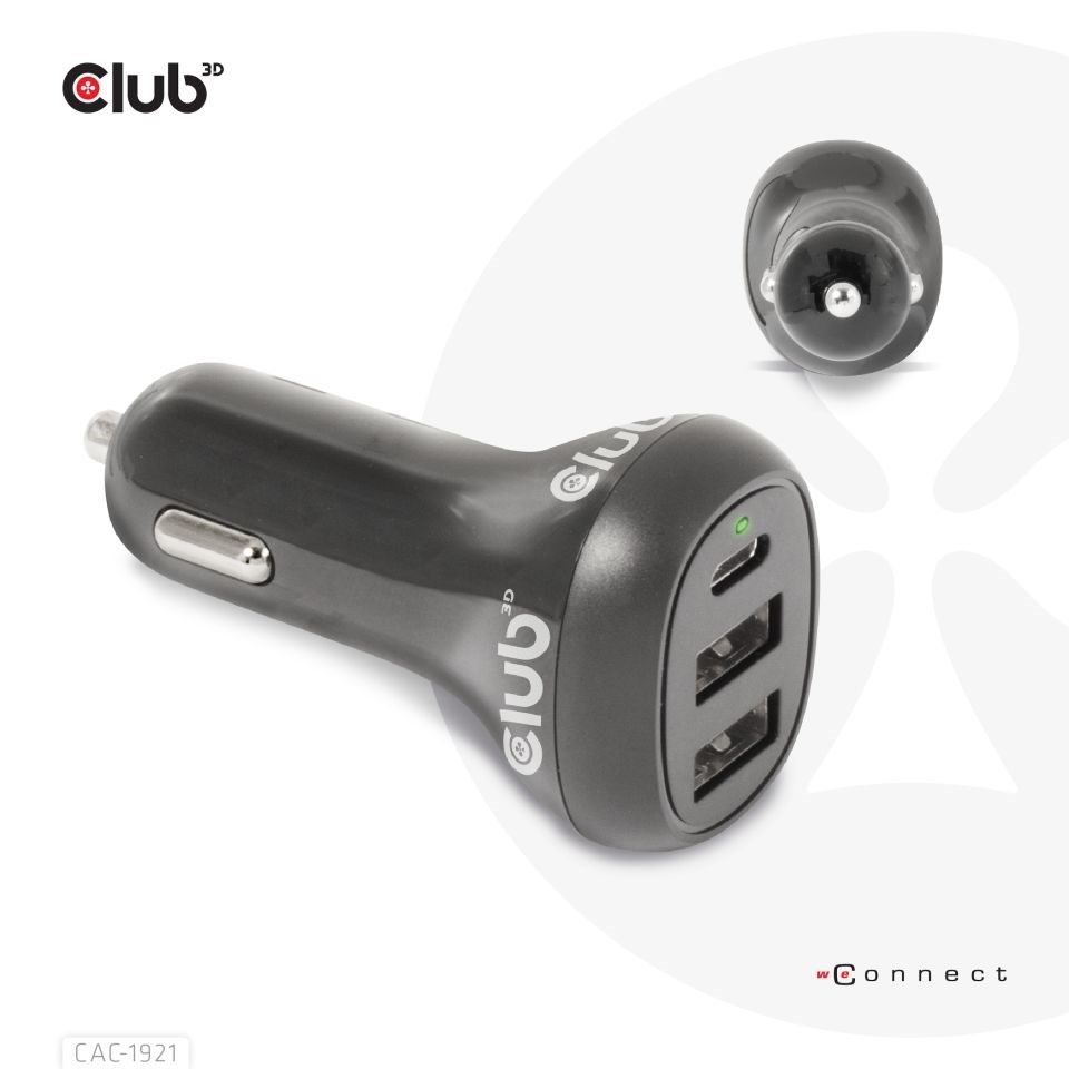 Club3D Auto nabíječka pro Notebooky 36W,  3 porty (2xUSB-A + USB-C)4 