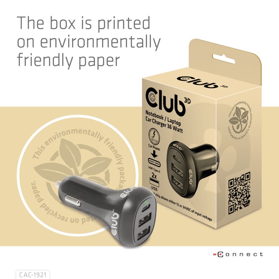 Club3D Auto nabíječka pro Notebooky 36W,  3 porty (2xUSB-A + USB-C)5 