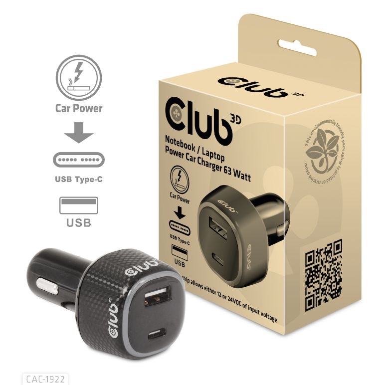 Club3D Auto nabíječka pro Notebooky 63W,  2 porty (USB-A + USB-C)