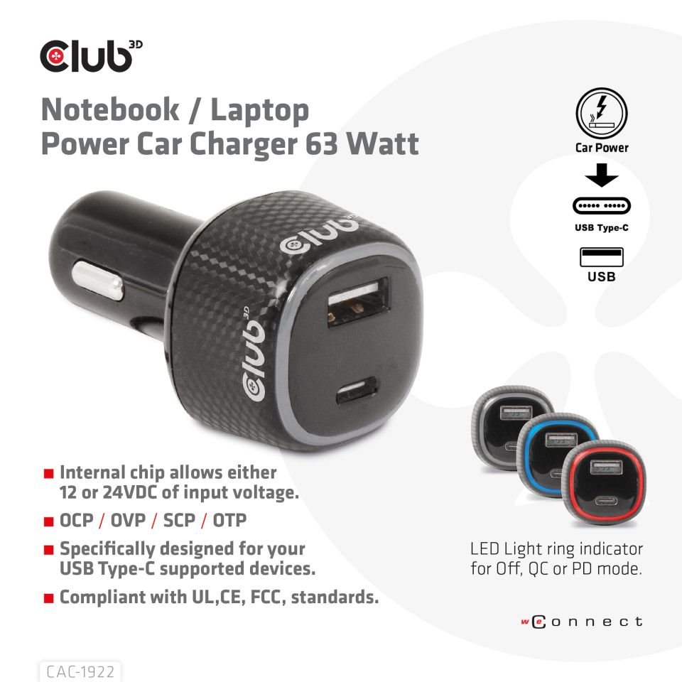Club3D Auto nabíječka pro Notebooky 63W,  2 porty (USB-A + USB-C)1 