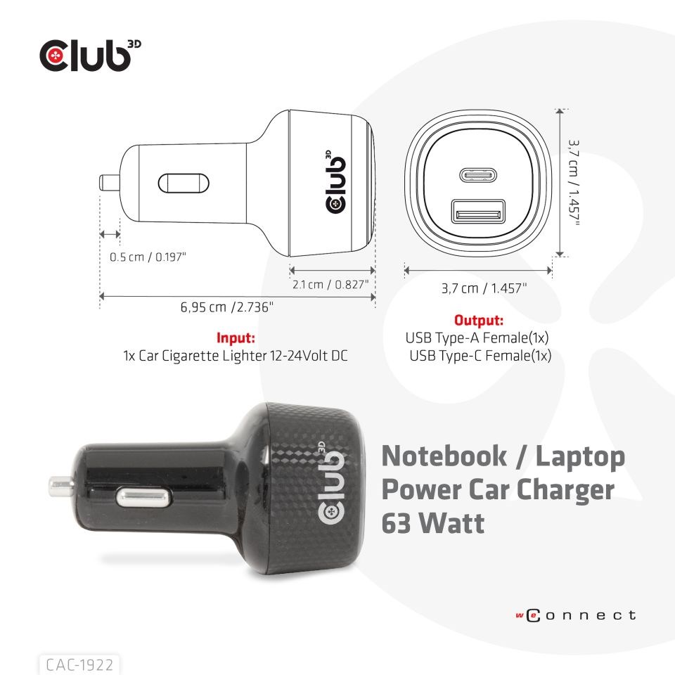 Club3D Auto nabíječka pro Notebooky 63W,  2 porty (USB-A + USB-C)2 