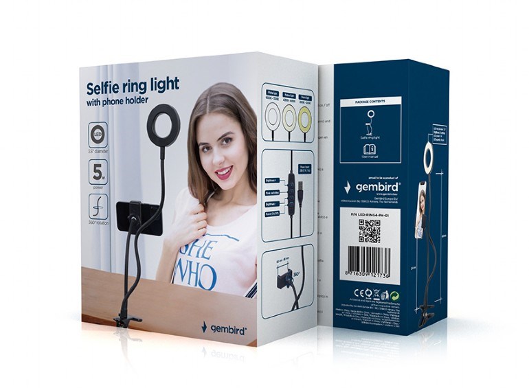 GEMBIRD selfie kampička LED ring s držákem telefonu,  USB1 