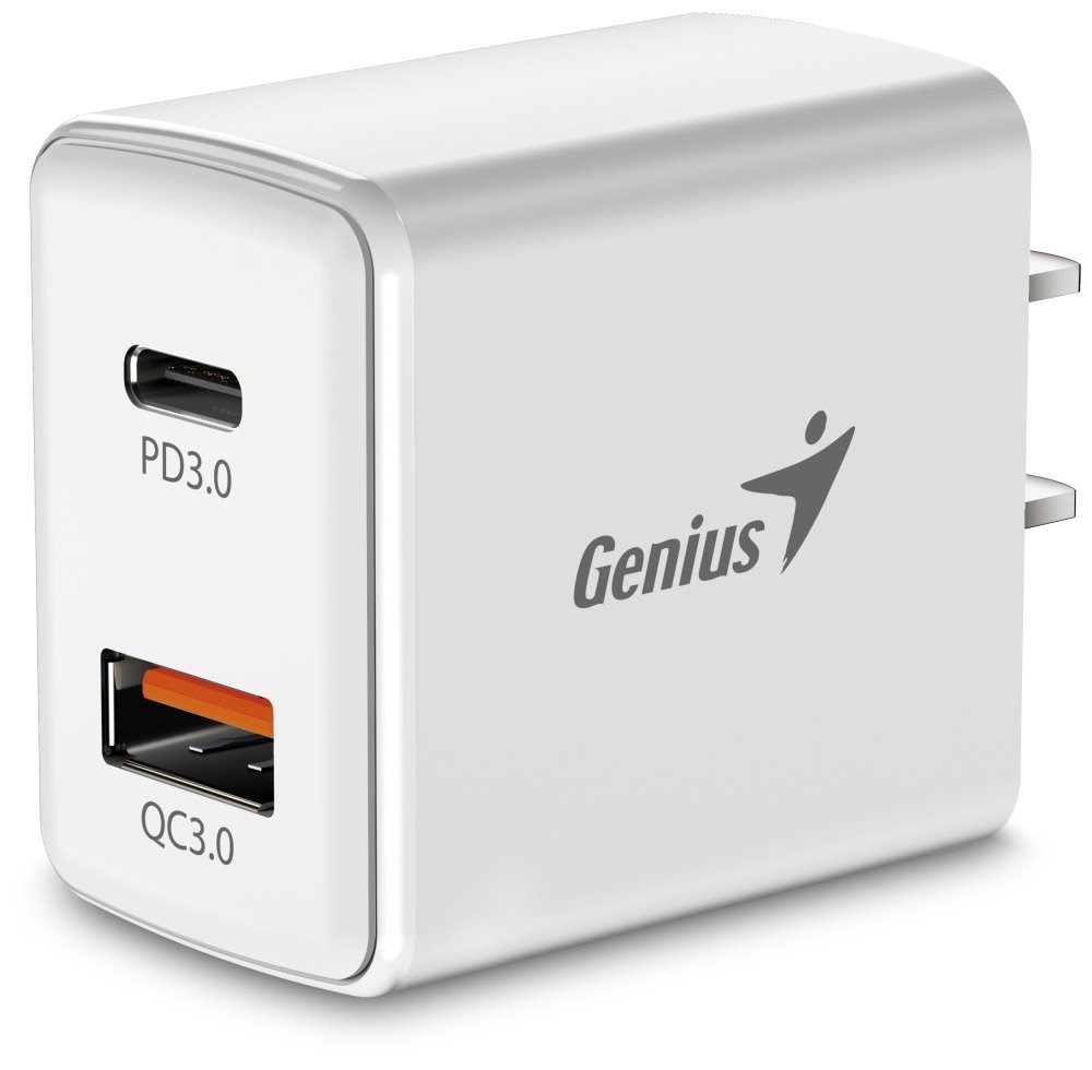 GENIUS nabíječka PD-20AC,  20W,  rychlé nabíjení,  USB-C PD3.0,  USB-A QC3.0,  bílá0 