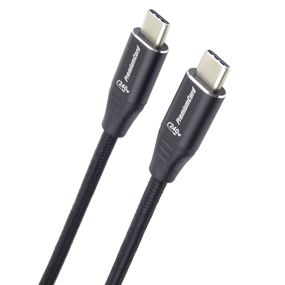 PREMIUMCORD Kabel USB-C M/ M,  240W 480Mbps černý bavlněný oplet,  1, 5m0 