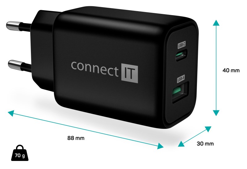 CONNECT IT Wanderer2 GaN nabíjecí adaptér 1×USB-C + 1xUSB-A,  33W PD,  černá2 