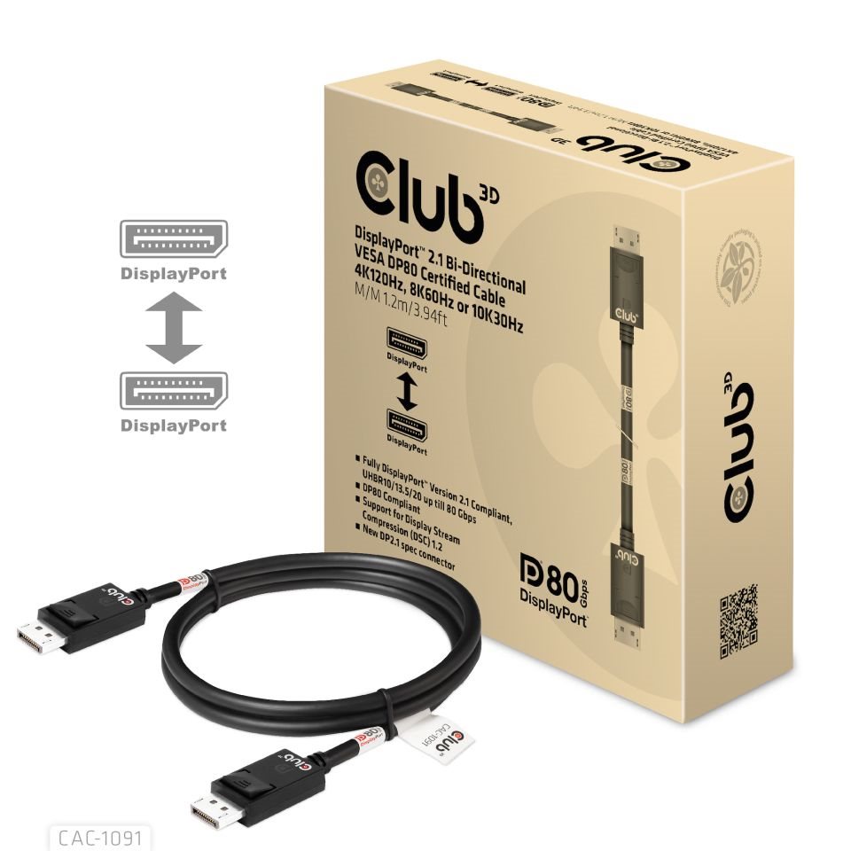 Club3D Kabel DisplayPort 2.1 na DisplayPort 2.1 4K120Hz/ 8K60Hz HDR (M/ M),  1.2m,  černá0 