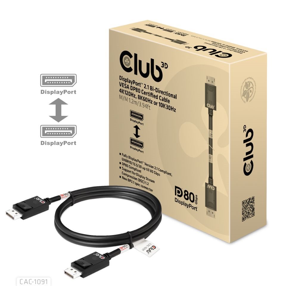 Club3D Kabel DisplayPort 2.1 na DisplayPort 2.1 VESA DP80,  4K240Hz/ 8K60Hz/ 10K30Hz HDR (M/ M),  1.2m,  černá0 