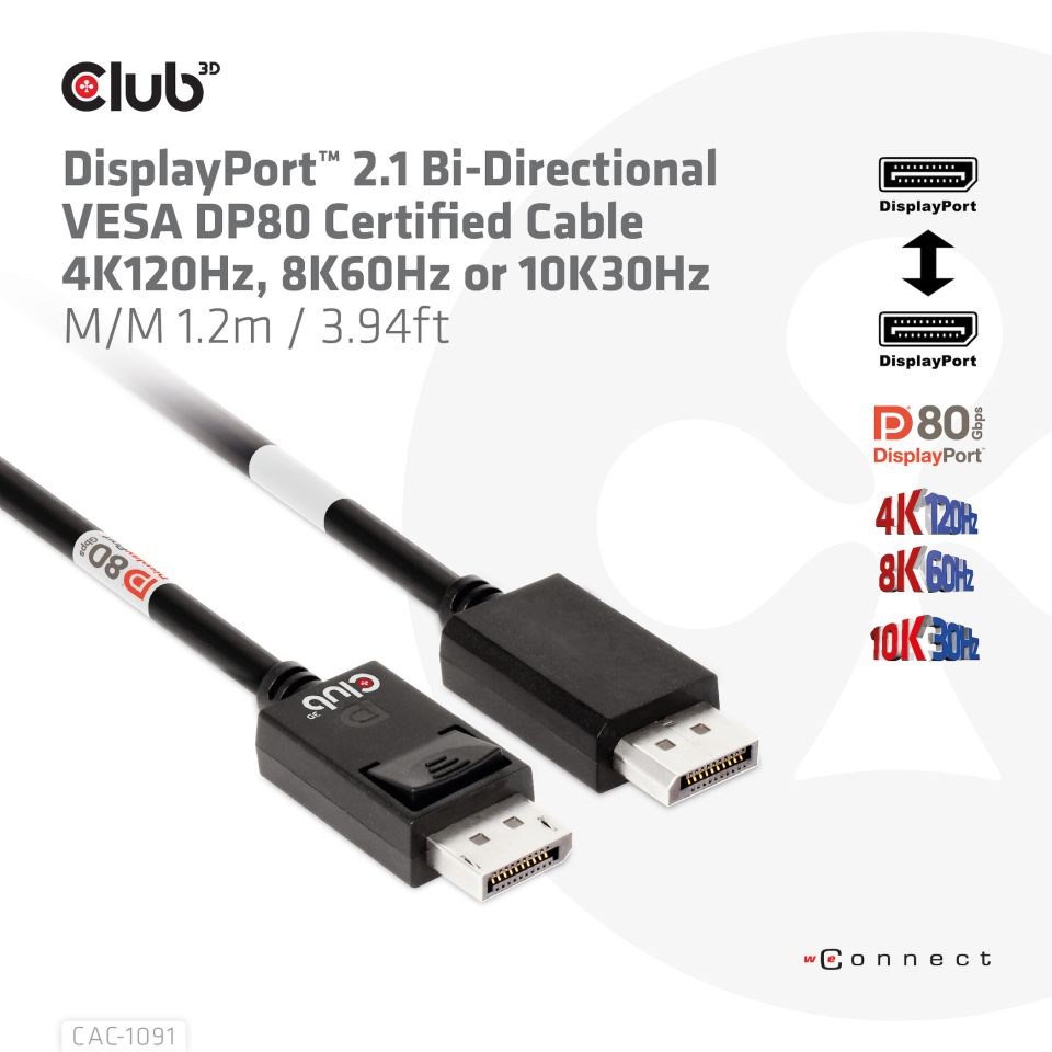 Club3D Kabel DisplayPort 2.1 na DisplayPort 2.1 VESA DP80,  4K240Hz/ 8K60Hz/ 10K30Hz HDR (M/ M),  1.2m,  černá1 