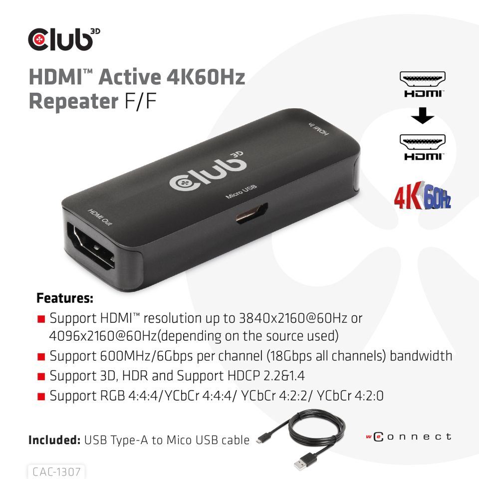 Club3D Adaptér aktivní HDMI 4K60Hz (F/ F),  černá2 