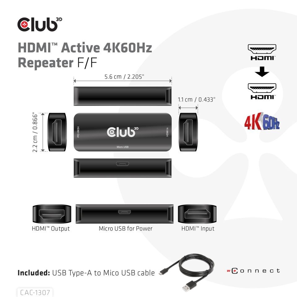 Club3D Adaptér aktivní HDMI 4K60Hz (F/ F),  černá0 