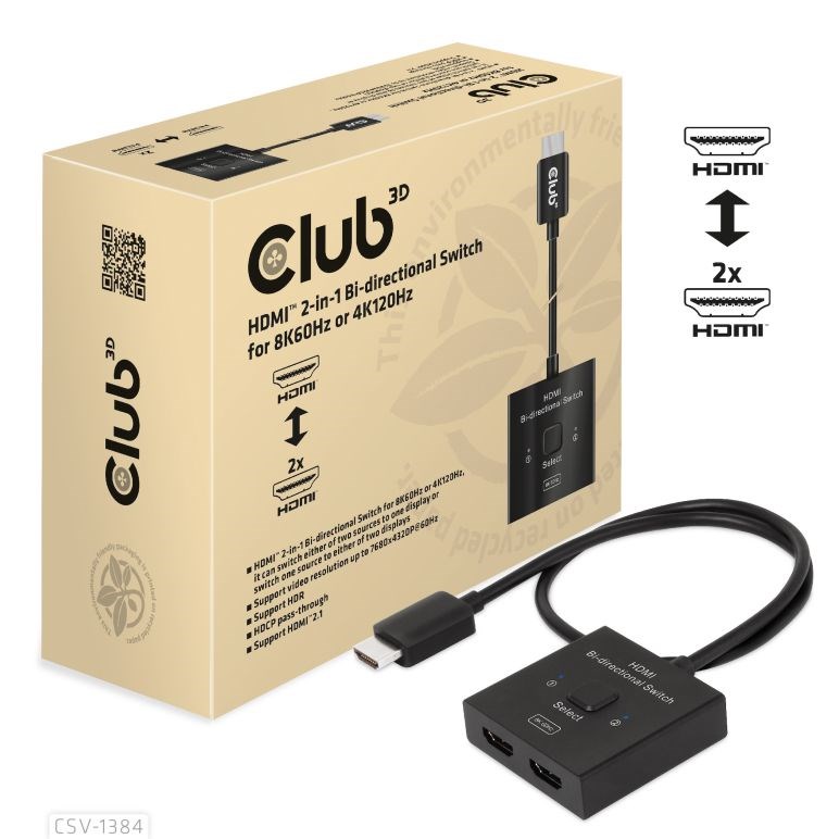 Club3D Switch,  HDMI na 2xHDMI Oboustranný 2v1,  8K60Hz,  4K120Hz2 