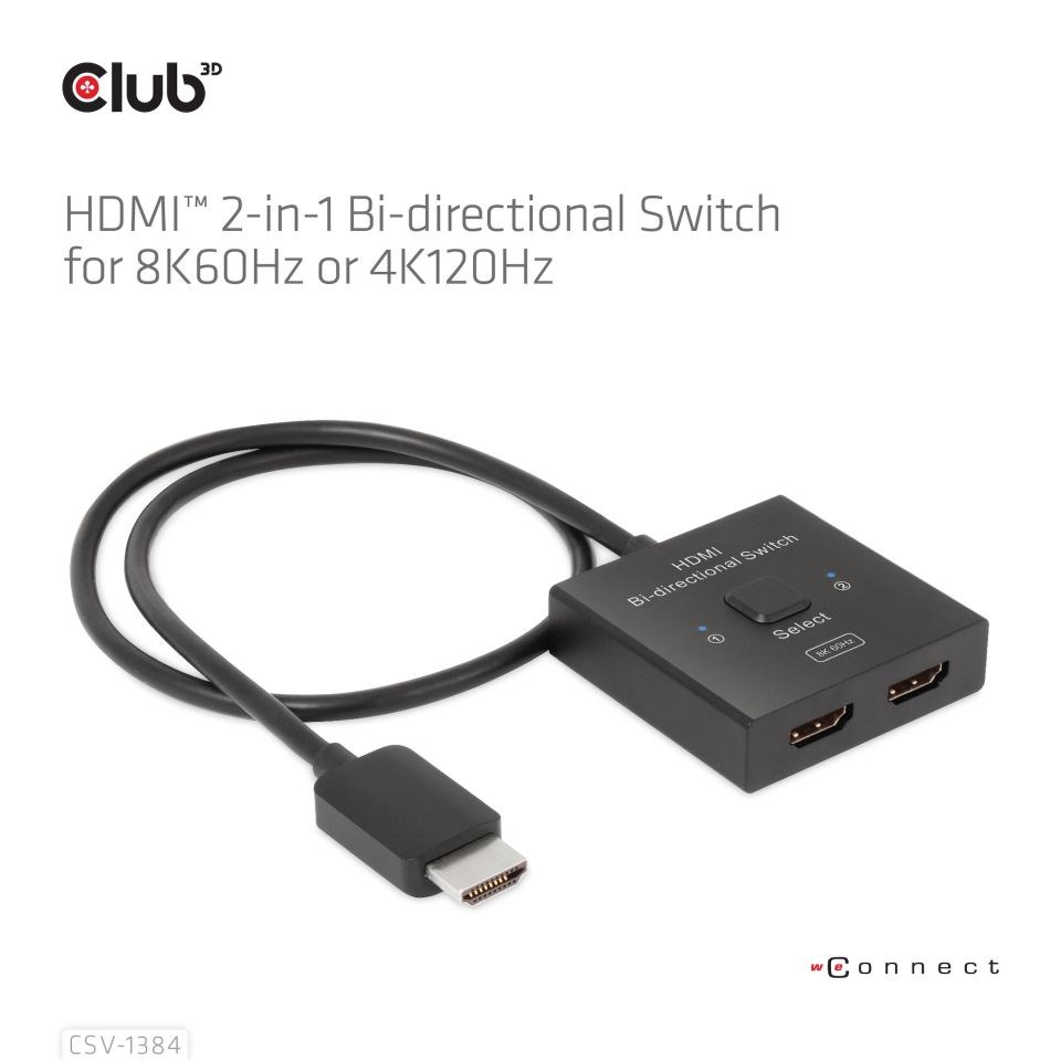 Club3D Switch,  HDMI na 2xHDMI Oboustranný 2v1,  8K60Hz,  4K120Hz2 