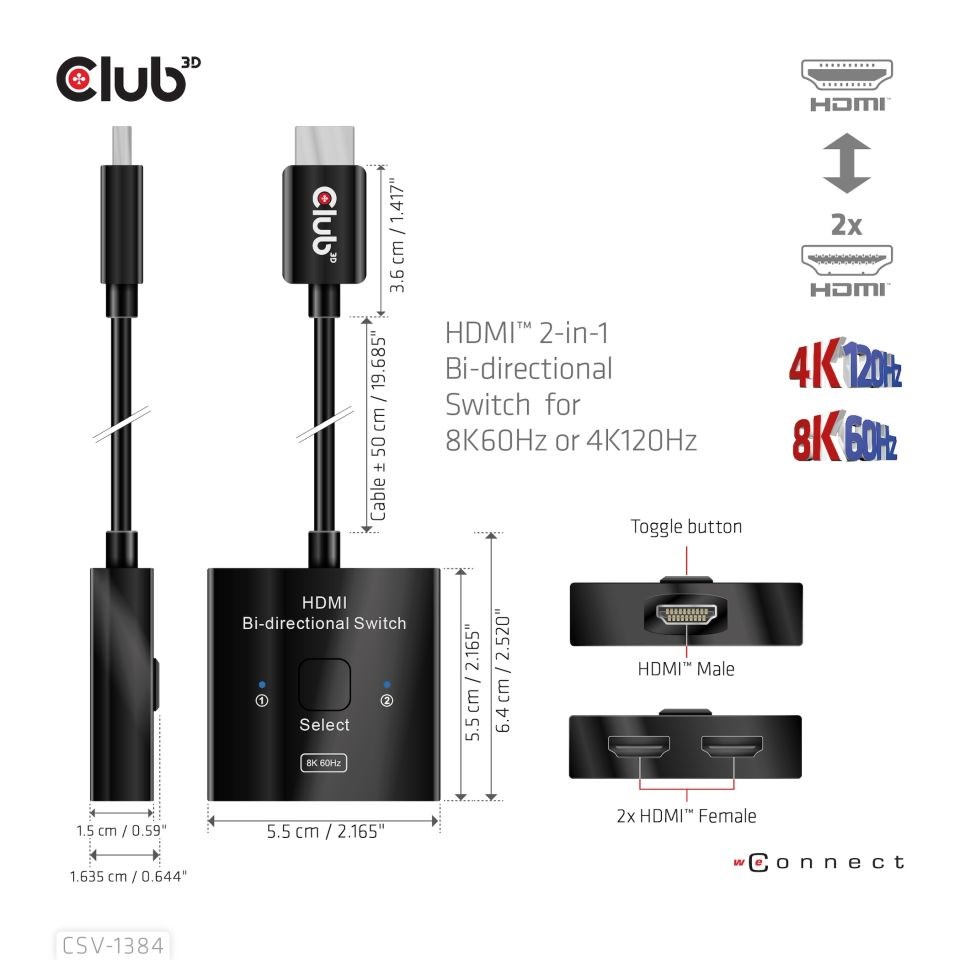 Club3D Switch,  HDMI na 2xHDMI Oboustranný 2v1,  8K60Hz,  4K120Hz3 