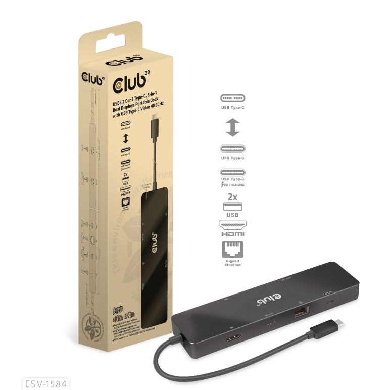 Club 3D dokovací stanice USB-C 3.2 Gen1 6in1 Hub 1x USB-C Video 4K60Hz,  1x HDMI 4K60Hz,  2x USB-A,  USB-C PD 100W,  RJ452 