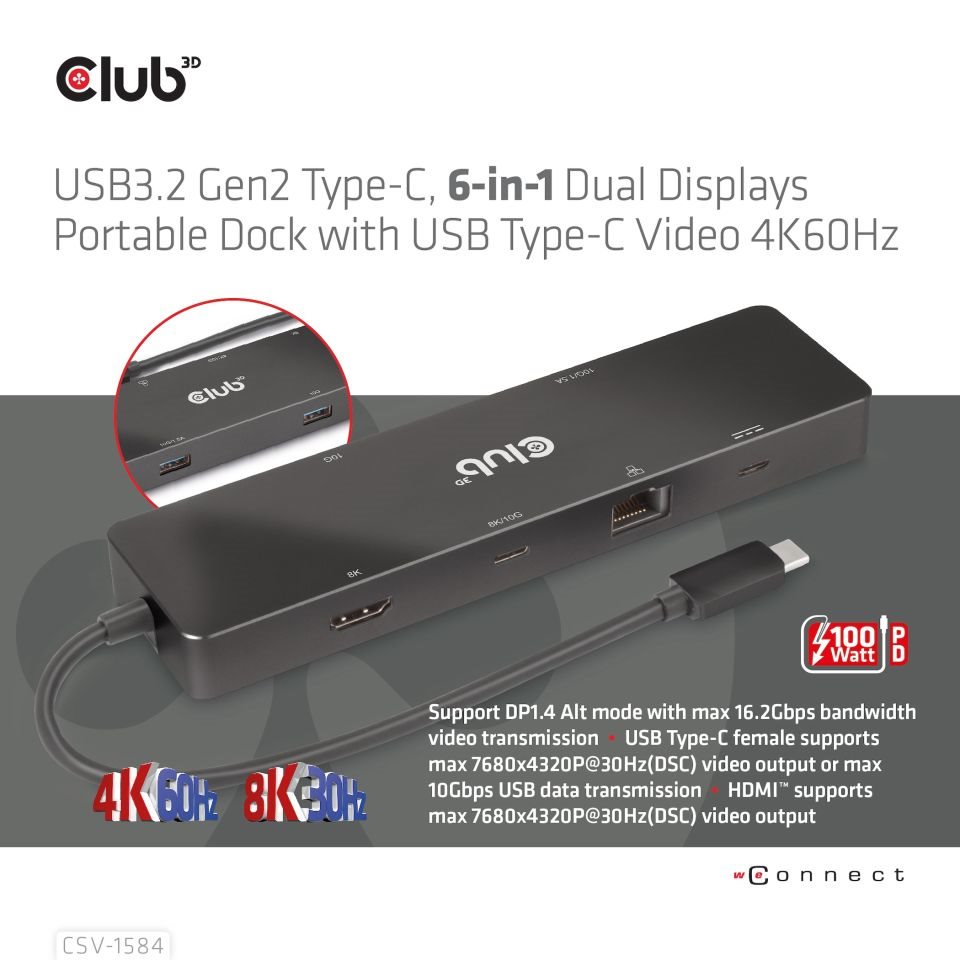 Club 3D dokovací stanice USB-C 3.2 Gen1 6in1 Hub 1x USB-C Video 4K60Hz,  1x HDMI 4K60Hz,  2x USB-A,  USB-C PD 100W,  RJ453 