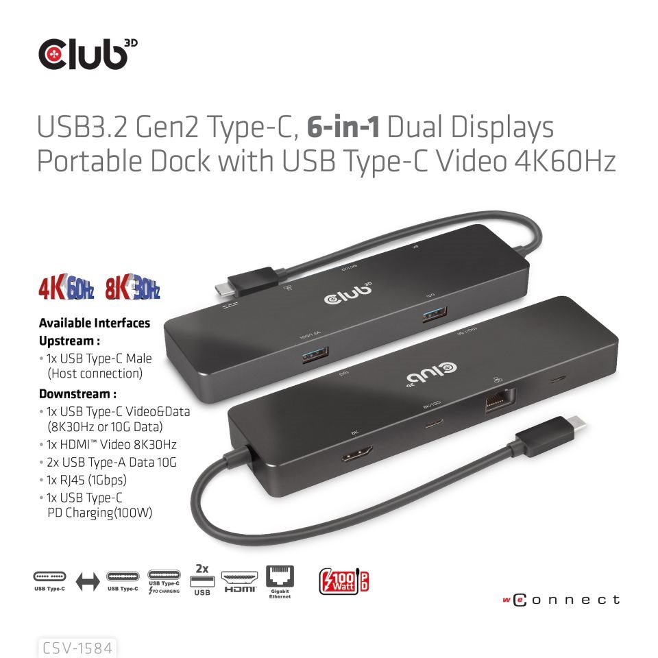 Club 3D dokovací stanice USB-C 3.2 Gen1 6in1 Hub 1x USB-C Video 4K60Hz,  1x HDMI 4K60Hz,  2x USB-A,  USB-C PD 100W,  RJ450 