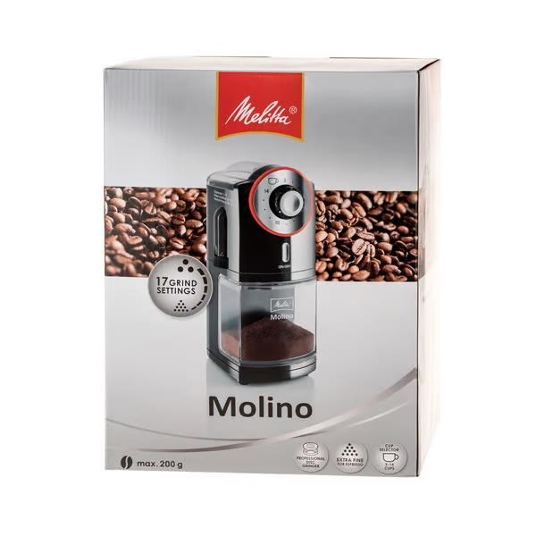 Melitta Molino mlýnek na kávu,  100 W,  17 hrubostí mletí,  zásobník na 200 g,  černý /  červený5 