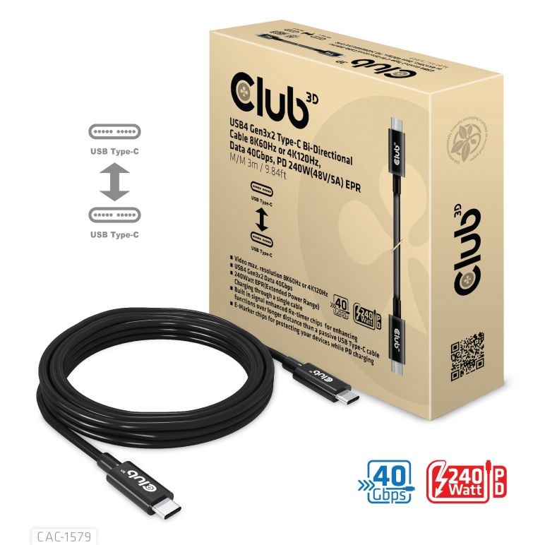 Club3D Kabel USB4 Gen3x2 Typ C 8K60Hz UHD Power Delivery 240W,  (M/ M),  300cm2 