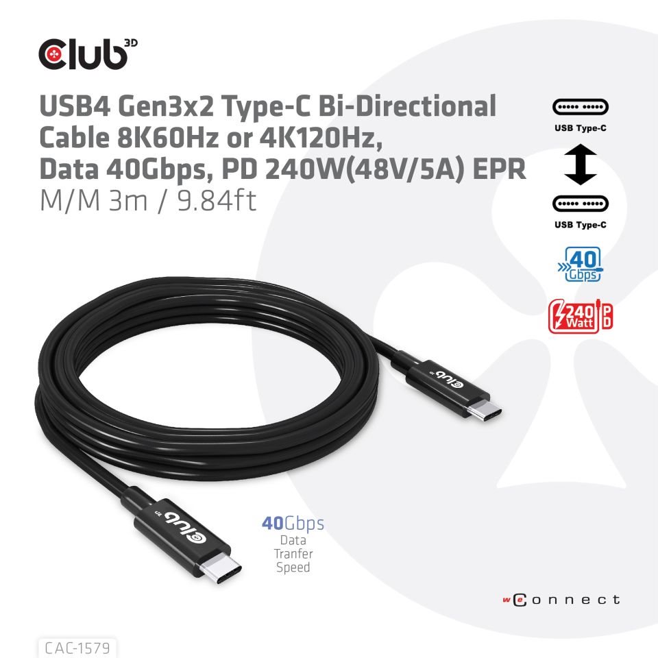 Club3D Kabel USB4 Gen3x2 Typ C 8K60Hz UHD,  40Gbps,  Power Delivery 240W,  (M/ M),  300cm1 