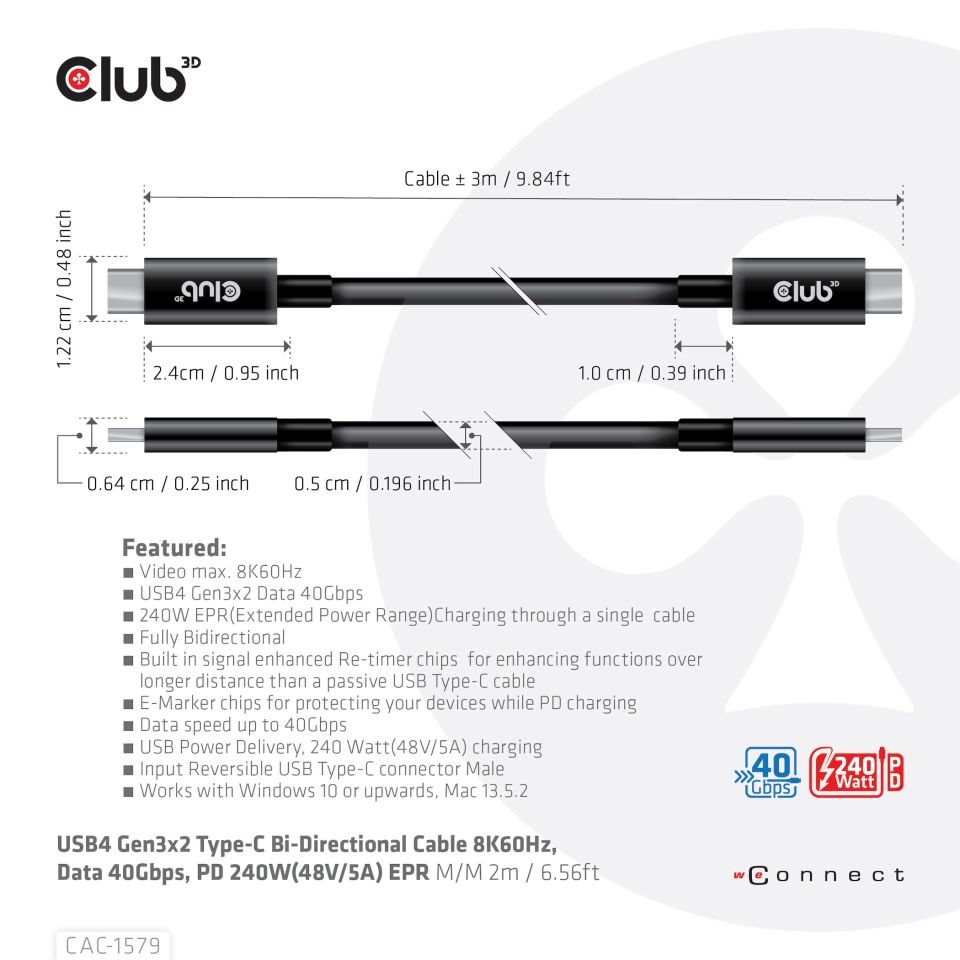 Club3D Kabel USB4 Gen3x2 Typ C 8K60Hz UHD,  40Gbps,  Power Delivery 240W,  (M/ M),  300cm2 