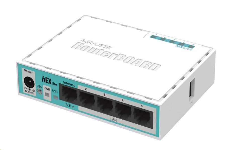 MikroTik RouterBOARD hEX lite,  850MHz CPU,  64MB RAM,  5x LAN,  vrátane. Licencia L40 