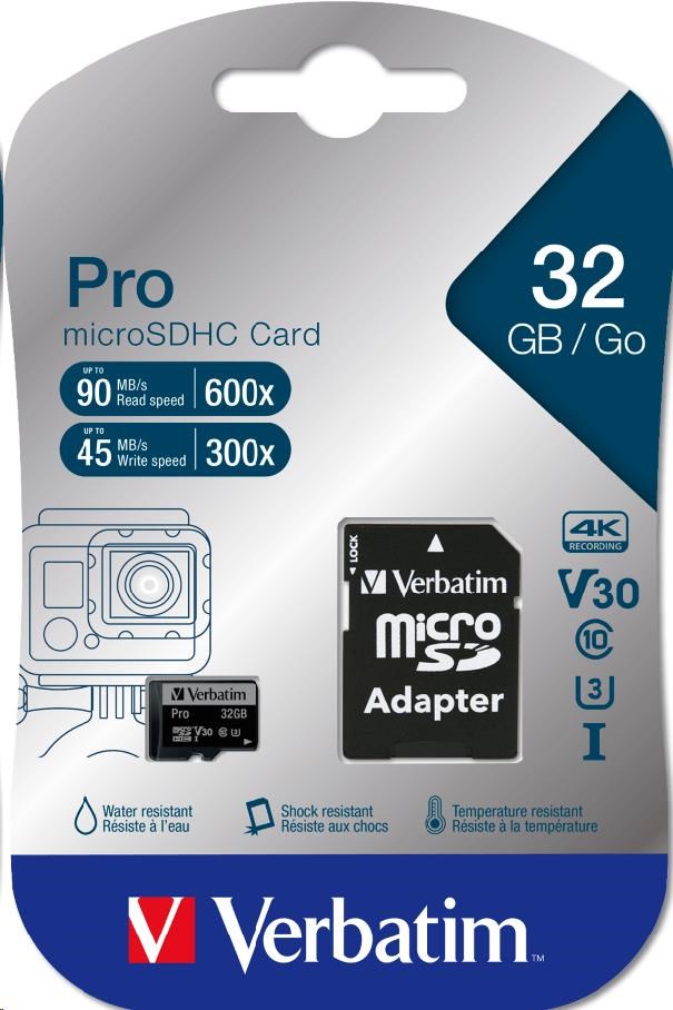 VERBATIM MicroSDHC karta 32GB Pro, U3 + adaptér1 