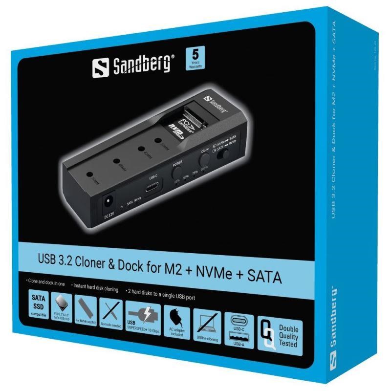 Sandberg externí čtečka Cloner & Dock pro M2 + NVMe + SATA,  USB 3, 2, 6 