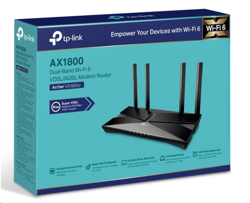 TP-Link Archer VX1800v EasyMesh WiFi6 VDSL/ ADSL router (AX1800, 2, 4GHz/ 5GHz, 3xGbELAN, 1xGbELAN/ WAN, 2xRJ11, 1xUSB2.0)3 