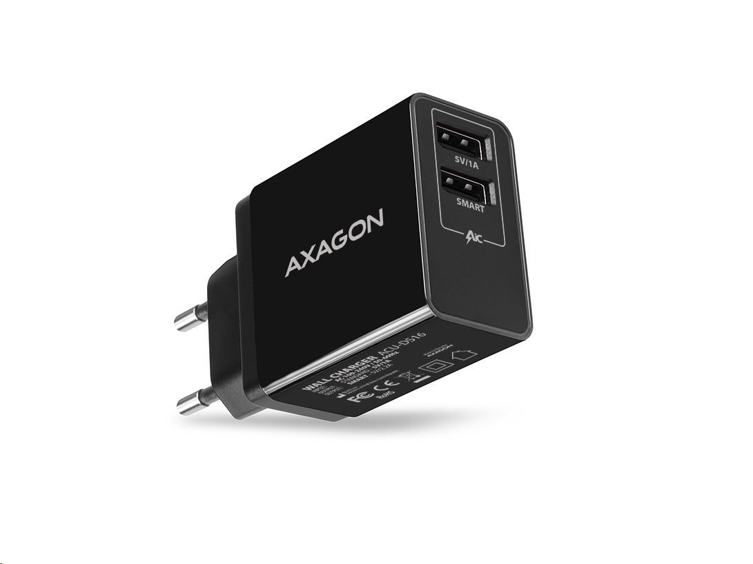 BAZAR - AXAGON ACU-DS16,  SMART nabíječka do sítě 16W,  2x USB-A port,  5V/ 2.2A + 5V/ 1A - Po opravě (Bez příšlušenství)0 