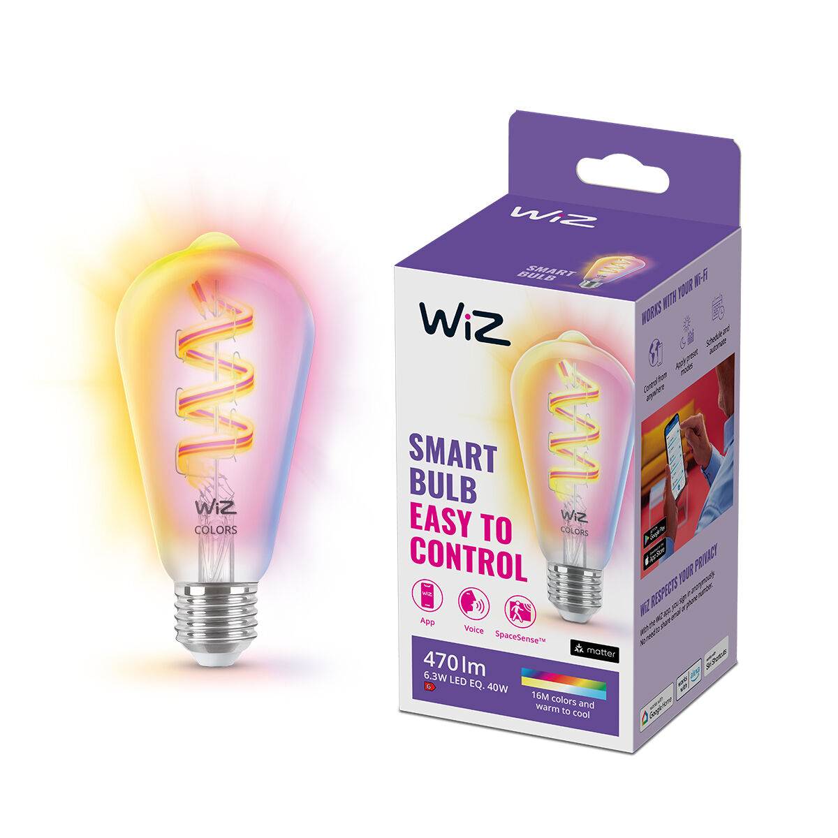 PHILIPS WiZ Wi-Fi BLE ST64 E27 6, 3 W - barevná žárovka,  nastavitelná teplota,  stmívatelná0 