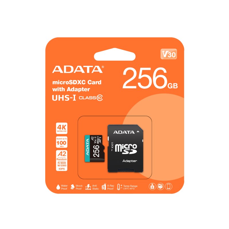 ADATA MicroSDXC karta 256GB Premier Pro UHS-I V30S (R:100/ W:80 MB/ s) + SD adaptér2 