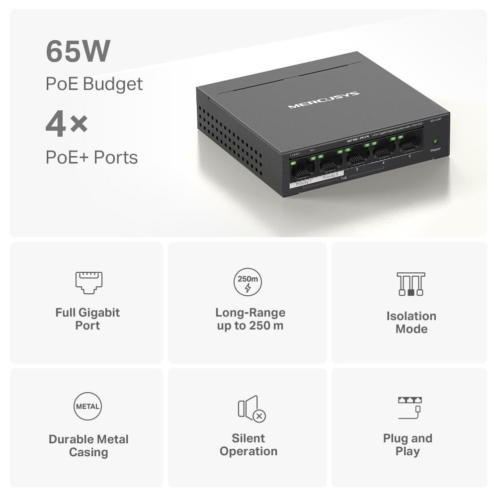 MERCUSYS switch MS105GP (5xGbE,4xPoE+,65W,fanless)3 