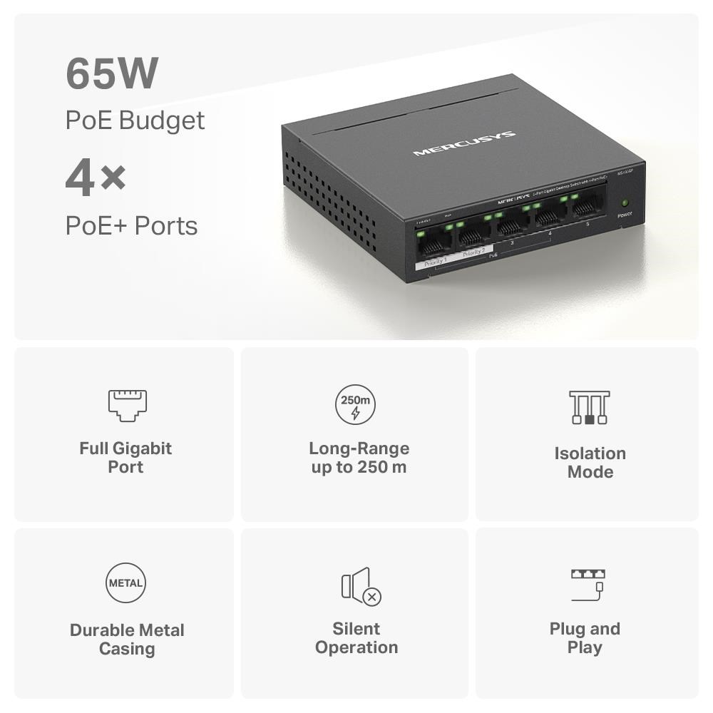 MERCUSYS switch MS105GP (5xGbE, 4xPoE+, 65W, fanless)3 