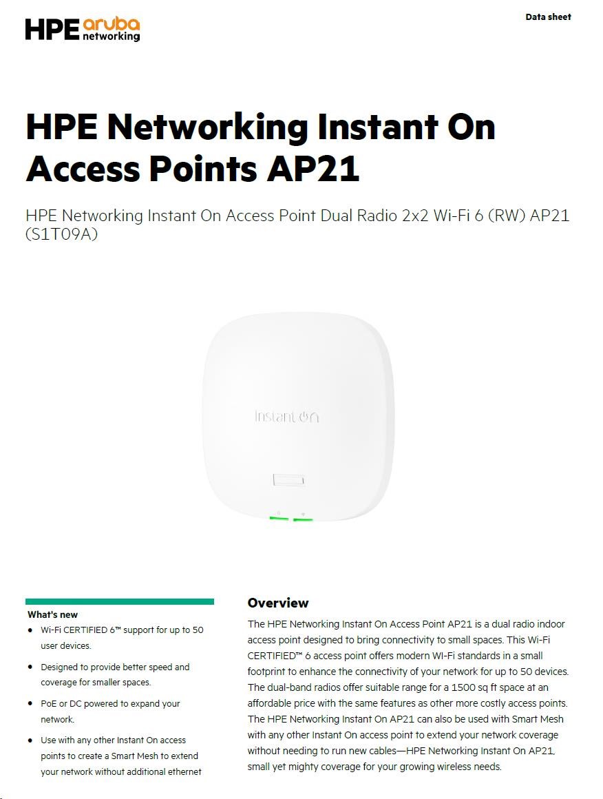 HPE Networking Instant On AP21 (RW) Dual Radio 2x2 Wi-Fi 6 Access Point (S1T09A)2 