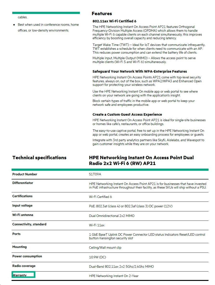 HPE Networking Instant On AP21 (RW) Dual Radio 2x2 Wi-Fi 6 Access Point (S1T09A)4 