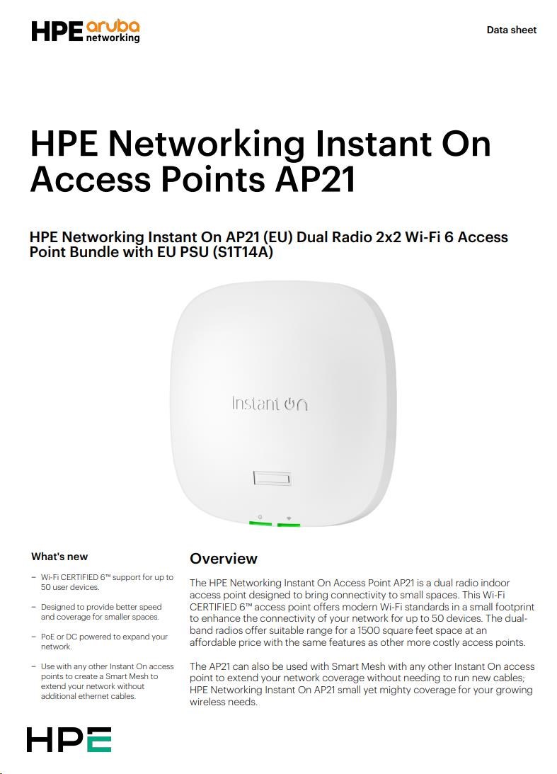 HPE Networking Instant On AP21 (EU) Dual Radio 2x2 Wi-Fi 6 Access Point Bundle with EU PSU S1T14A4 