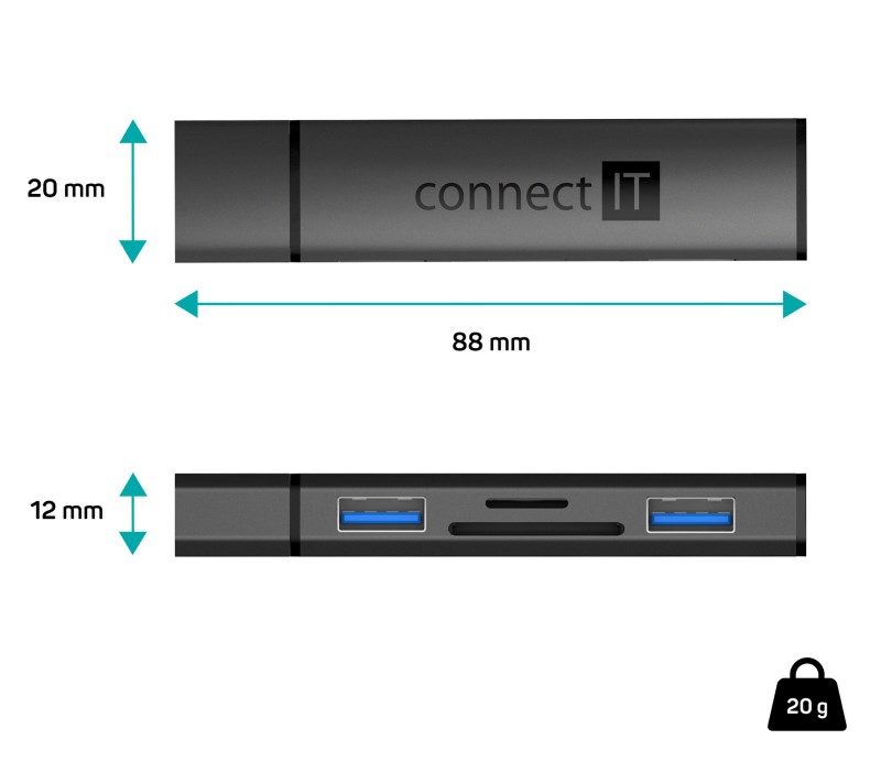 CONNECT IT Hub Compact 4v1,  2xUSB 3.0,  1xSD,  1xMicroSD,  externí,  černá4 