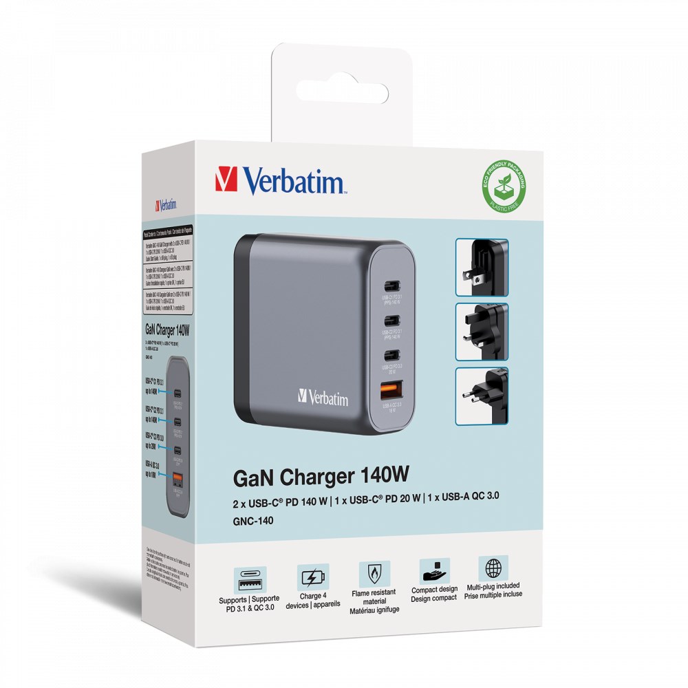 VERBATIM GaN Nabíječka do sítě GNC-140,  140W,  3x USB-C,  1x USB5 