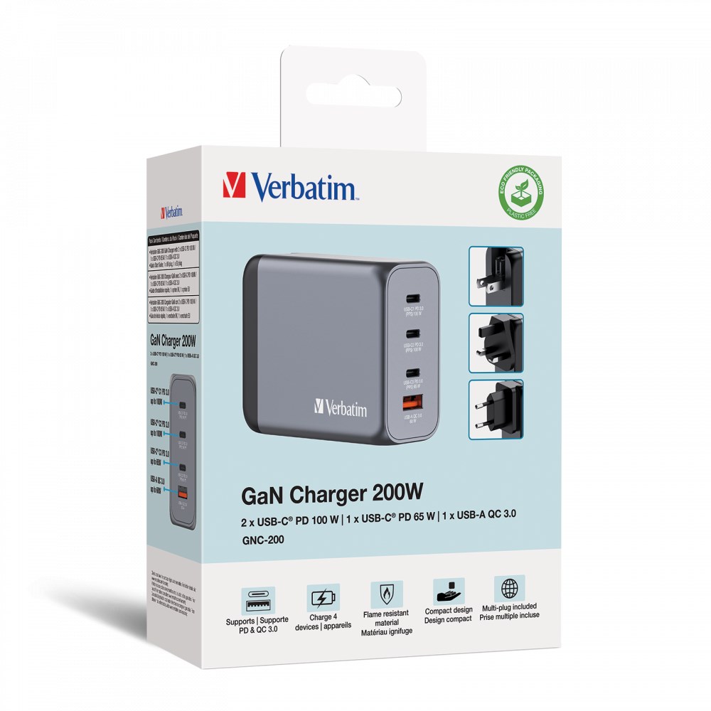 VERBATIM GaN Nabíječka do sítě GNC-200,  200W,  3x USB-C,  1x USB5 