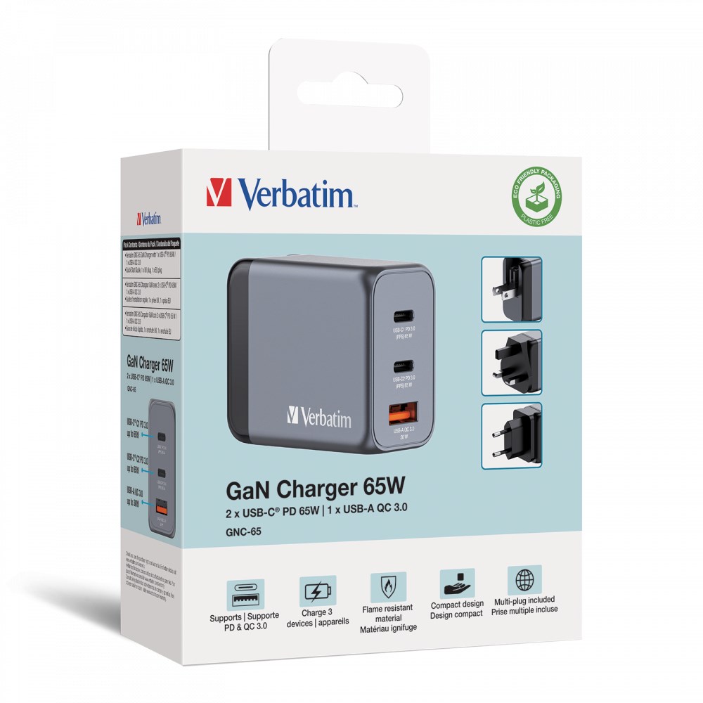 VERBATIM GaN Nabíječka do sítě GNC-65,  65W,  2x USB-C,  1x USB5 