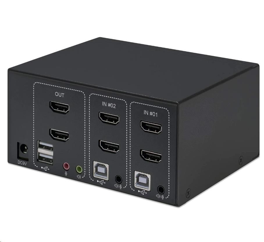 Bazar - Manhattan HDMI přepínač,  2-Port Dual-Monitor HDMI KVM Switch,  4K@30Hz,  černá - Poškozený obal0 