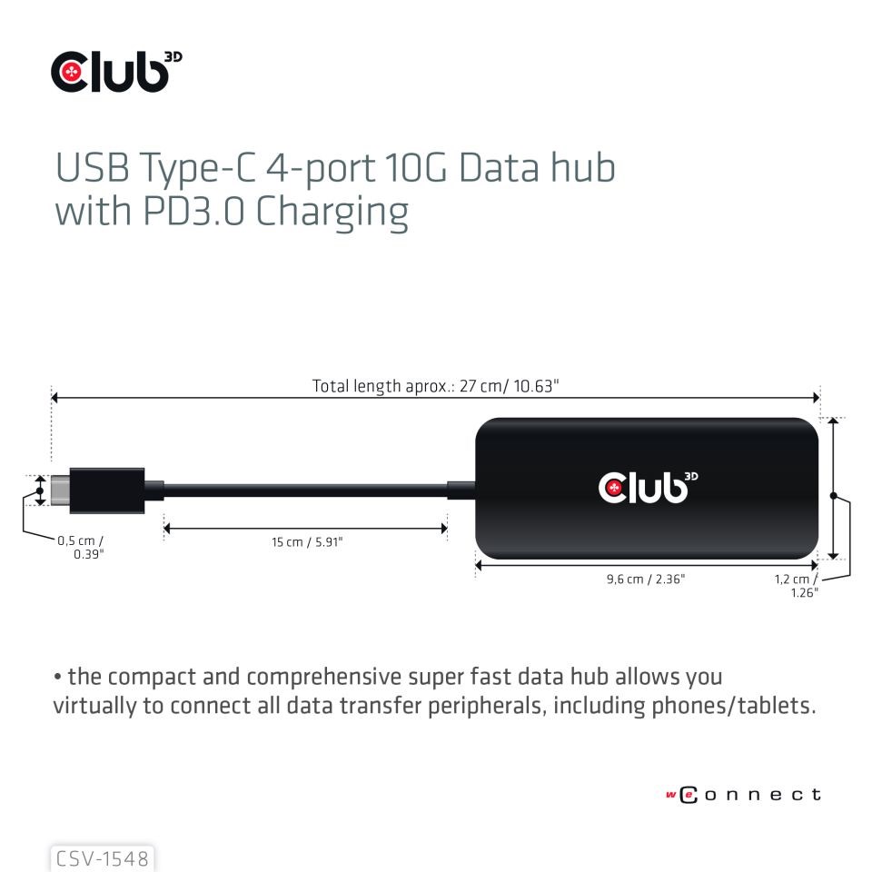 Club3D hub 1xUSB-C na 4xUSB-C,  10Gbps port,  PD 3.02 