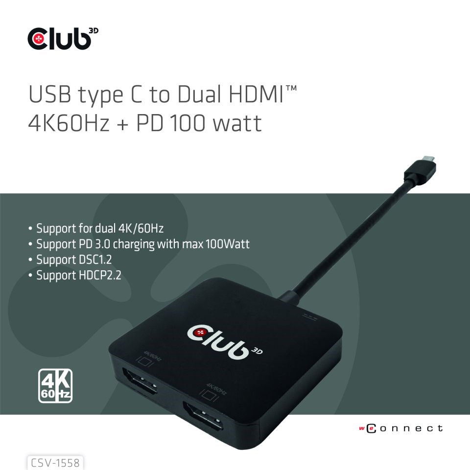 Club3D Video hub MST USB-C na 2xHDMI + USB-C PD 3.0,  4K60Hz1 