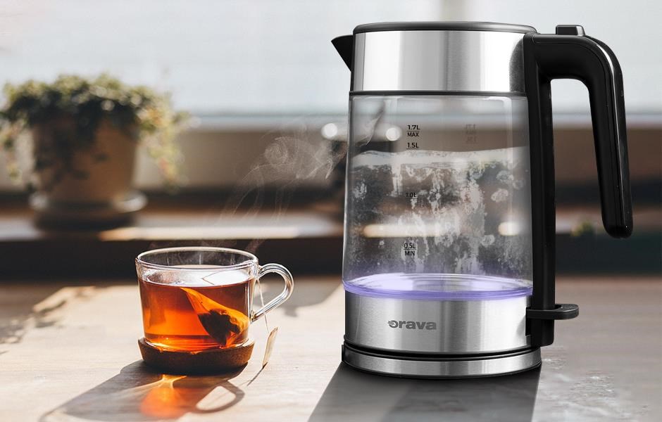 Orava VK-4018 rychlovarná konvice,  2200 W,  LED osvětlení,  1.7 l,  automatické vypnutí,  nerez-skleněný design1 