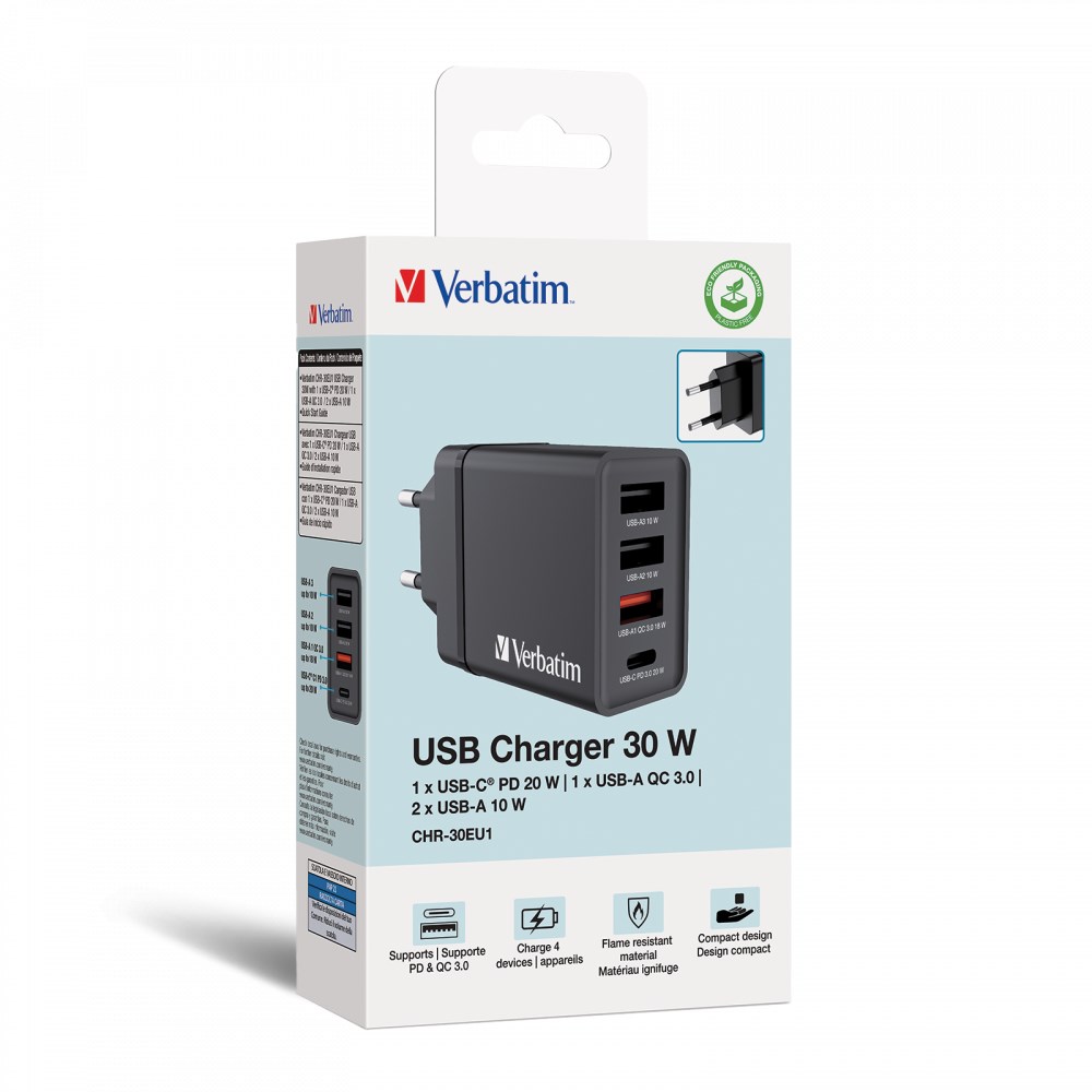 VERBATIM Univerzální adaptér nabíječka CHR-30EU2,  30W,  1x USB-C,  3x USB černá6 
