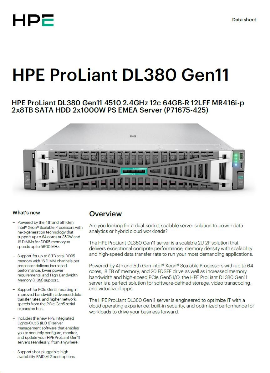 HPE PL DL380g11 4510 (2.4/ 12C) 2x32G (P64706) 2x8TB (834028) 2x1000W MR416i-p 12LFF ocp4x1Gb Smart Choice6 