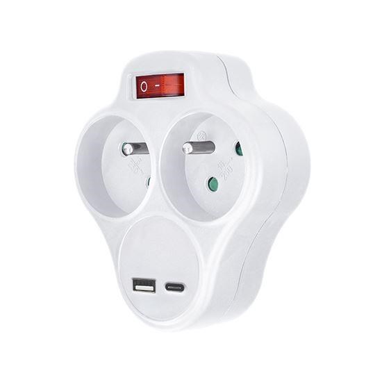 Solight rozbočka s USB A+C rychlonabíječkou 20W PD,  2 x 10A,  bílá,  vypínač2 
